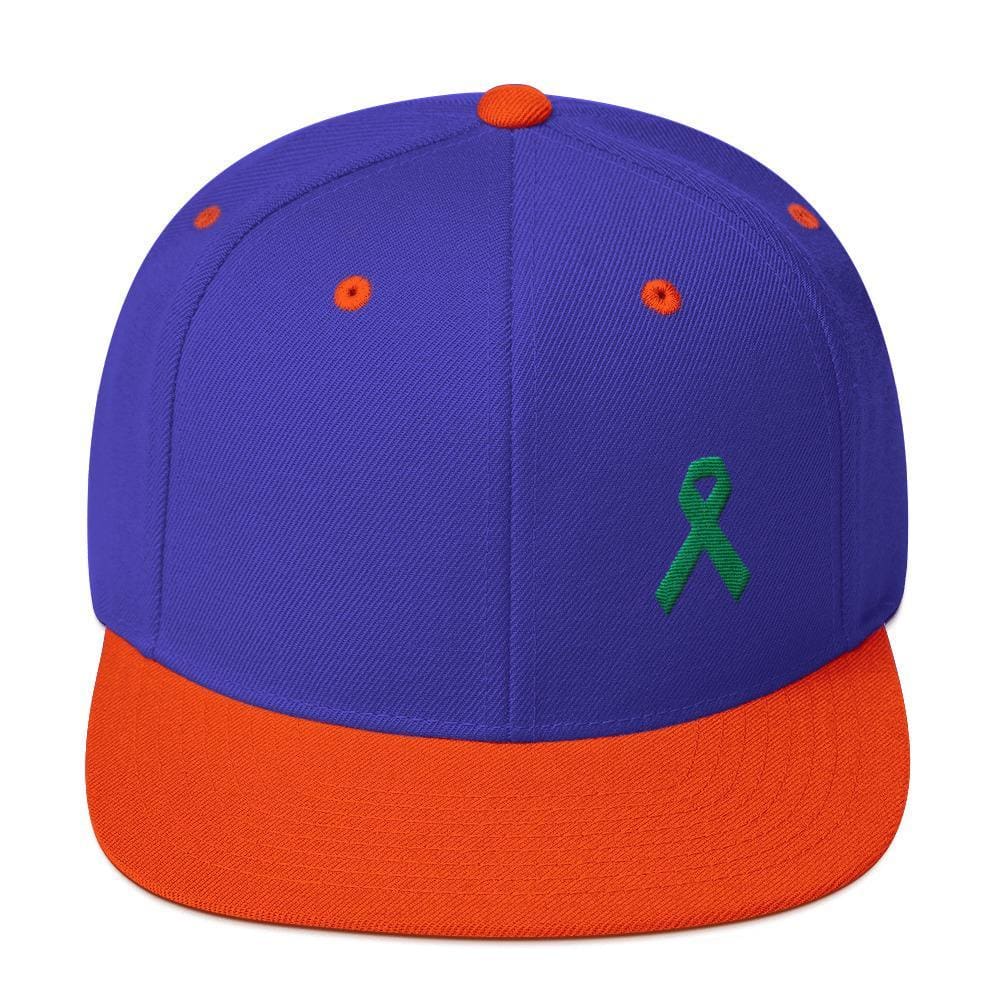 Green Awareness Ribbon Flat Brim Snapback Hat - One-size / Royal/ Orange - Hats