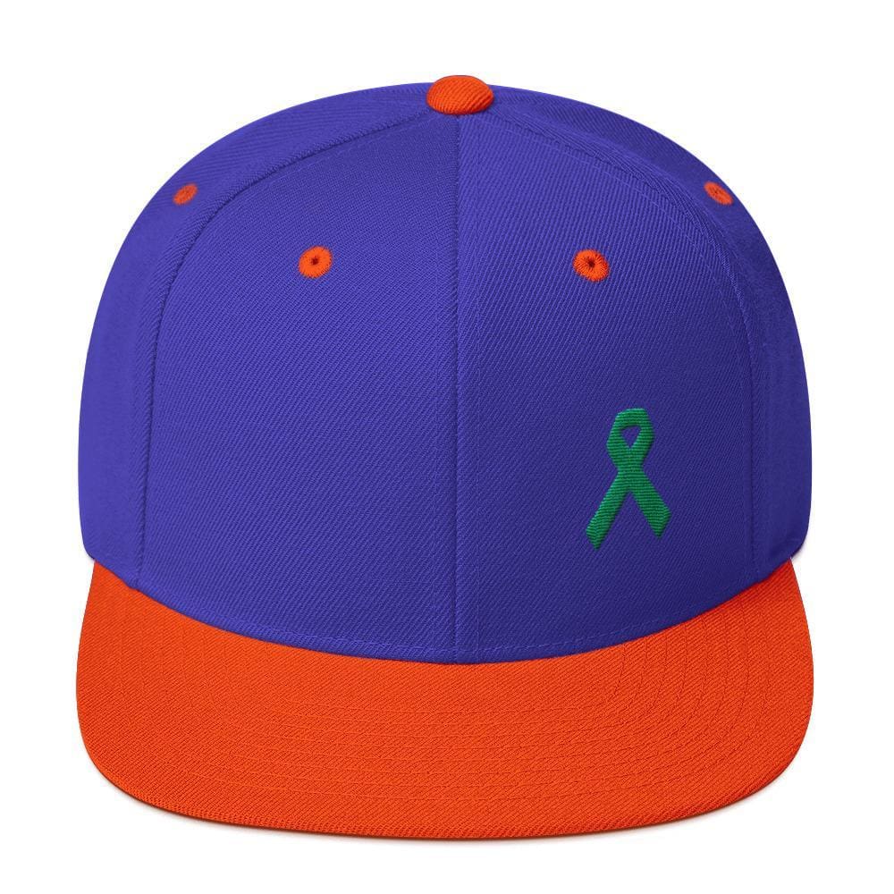 
            
                Load image into Gallery viewer, Green Awareness Ribbon Flat Brim Snapback Hat - One-size / Royal/ Orange - Hats
            
        