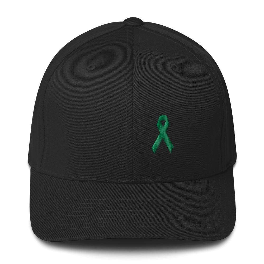 Green Awareness Ribbon Twill Flexfit Fitted Hat For Gallbladder & Liver Cancer - S/m / Black - Hats