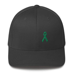 Green Awareness Ribbon Twill Flexfit Fitted Hat For Gallbladder & Liver Cancer - S/m / Dark Grey - Hats