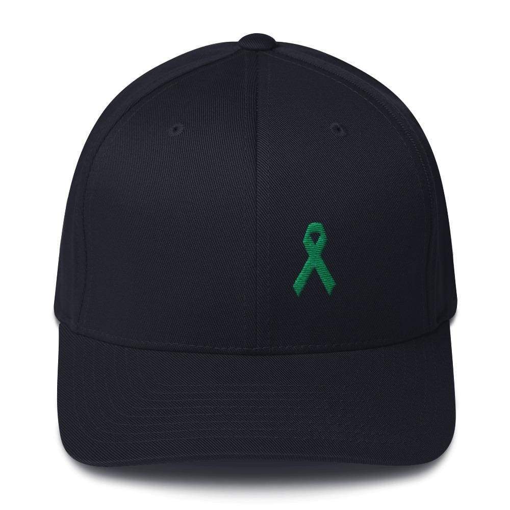 Green Awareness Ribbon Twill Flexfit Fitted Hat For Gallbladder & Liver Cancer - S/m / Dark Navy - Hats