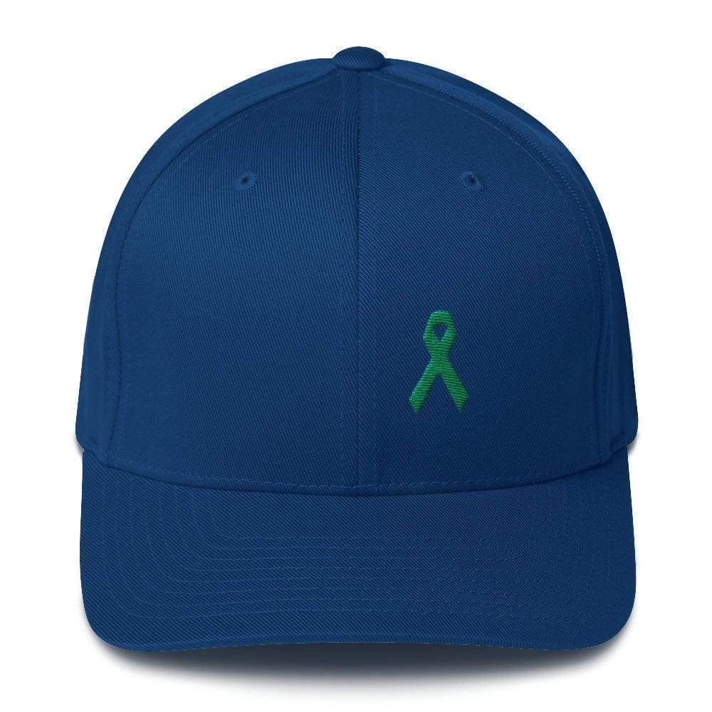 
            
                Load image into Gallery viewer, Green Awareness Ribbon Twill Flexfit Fitted Hat For Gallbladder &amp;amp; Liver Cancer - S/m / Royal Blue - Hats
            
        