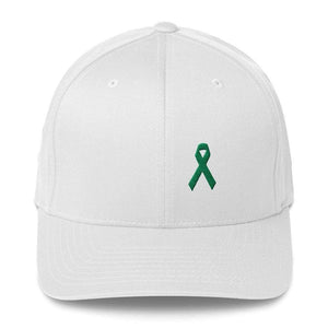 Green Awareness Ribbon Twill Flexfit Fitted Hat For Gallbladder & Liver Cancer - S/m / White - Hats