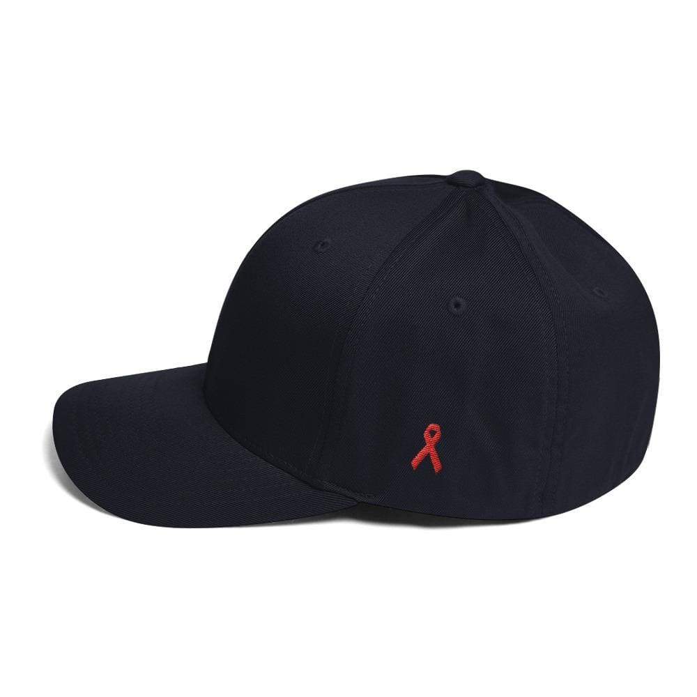 HIV/AIDS or Blood Cancer Awareness Fitted Flexfit Hat with Red Ribbon on the Side