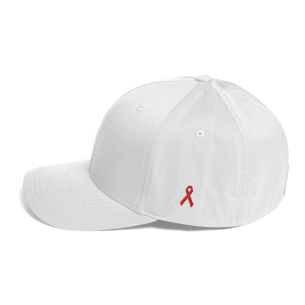 Hiv/aids Or Blood Cancer Awareness Fitted Flexfit Hat With Red Ribbon On The Side - S/m / White - Hats