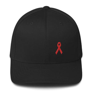 
            
                Load image into Gallery viewer, Hiv/aids Or Blood Cancer Awareness Fitted Flexfit Hat With Red Ribbon - S/m / Black - Hats
            
        