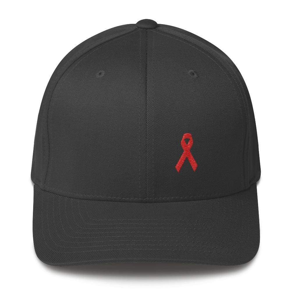 Hiv/aids Or Blood Cancer Awareness Fitted Flexfit Hat With Red Ribbon - S/m / Dark Grey - Hats