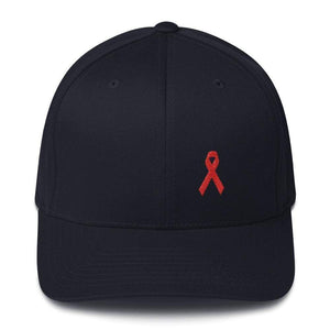 Hiv/aids Or Blood Cancer Awareness Fitted Flexfit Hat With Red Ribbon - S/m / Dark Navy - Hats