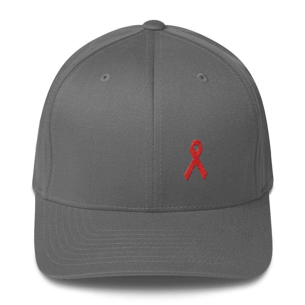 
            
                Load image into Gallery viewer, Hiv/aids Or Blood Cancer Awareness Fitted Flexfit Hat With Red Ribbon - S/m / Grey - Hats
            
        