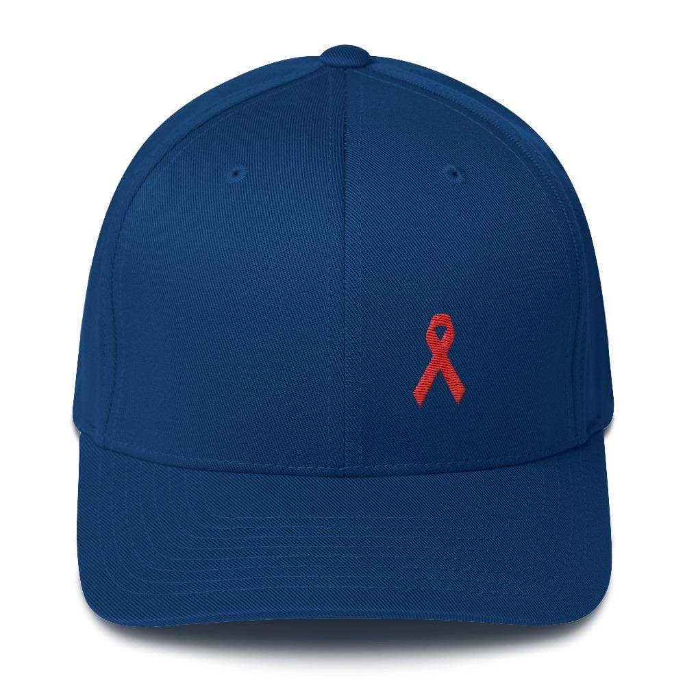 
            
                Load image into Gallery viewer, Hiv/aids Or Blood Cancer Awareness Fitted Flexfit Hat With Red Ribbon - S/m / Royal Blue - Hats
            
        