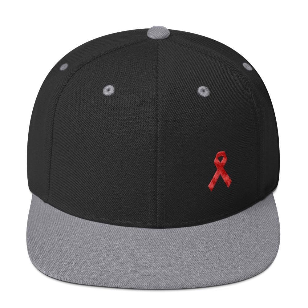 HIV/AIDS or Blood Cancer Awareness Red Ribbon Flat Brim Snapback Hat - One-size / Black/ Silver - Hats