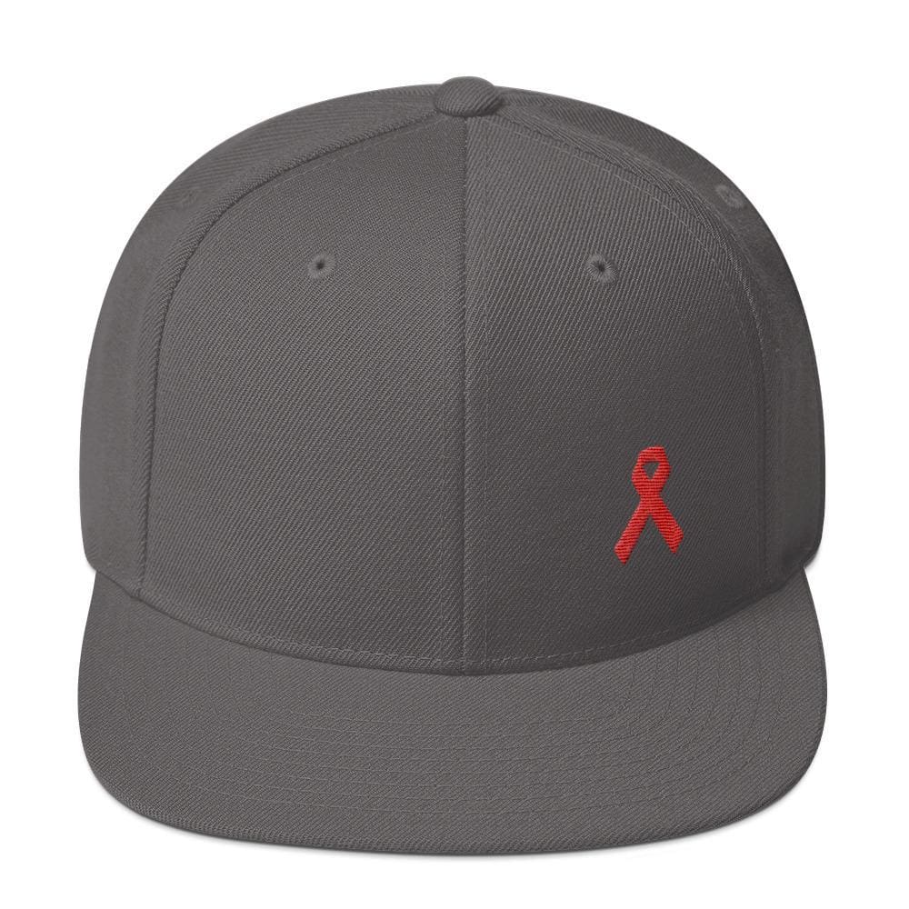 HIV/AIDS or Blood Cancer Awareness Red Ribbon Flat Brim Snapback Hat - One-size / Dark Grey - Hats