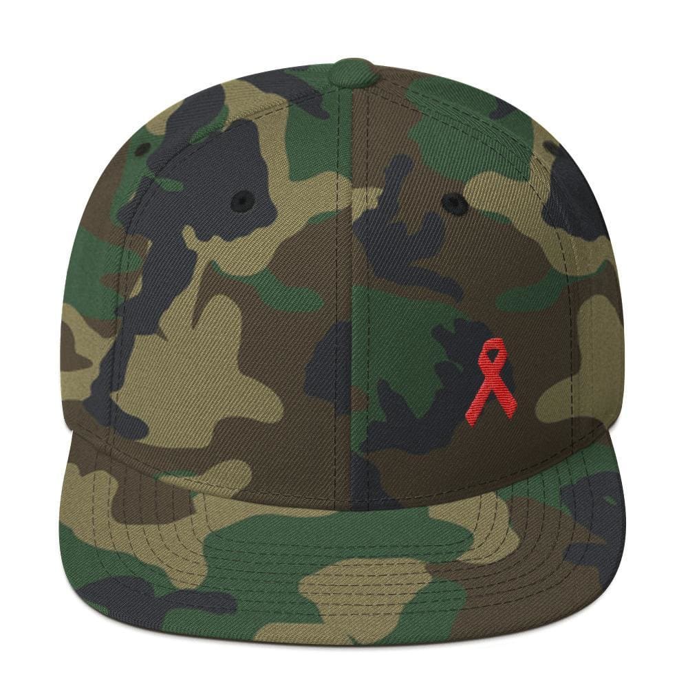 HIV/AIDS or Blood Cancer Awareness Red Ribbon Flat Brim Snapback Hat - One-size / Green Camo - Hats