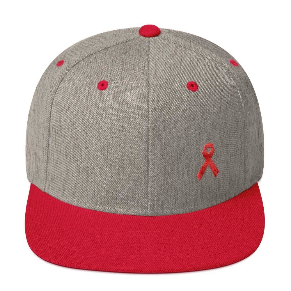 HIV/AIDS or Blood Cancer Awareness Red Ribbon Flat Brim Snapback Hat - One-size / Heather Grey/ Red - Hats