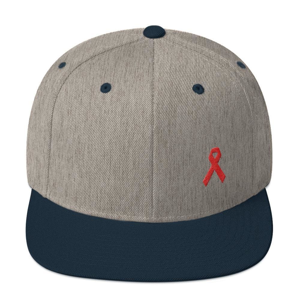 
            
                Load image into Gallery viewer, HIV/AIDS or Blood Cancer Awareness Red Ribbon Flat Brim Snapback Hat - One-size / Heather Grey/ Navy - Hats
            
        