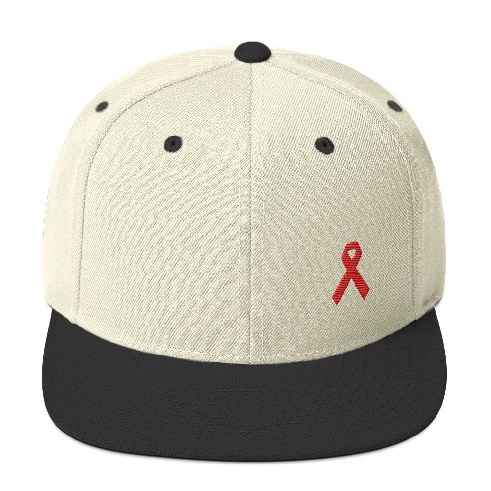 
            
                Load image into Gallery viewer, HIV/AIDS or Blood Cancer Awareness Red Ribbon Flat Brim Snapback Hat - One-size / Natural/ Black - Hats
            
        
