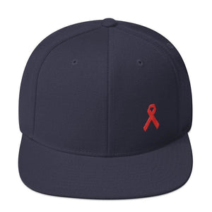 
            
                Load image into Gallery viewer, HIV/AIDS or Blood Cancer Awareness Red Ribbon Flat Brim Snapback Hat - One-size / Navy - Hats
            
        