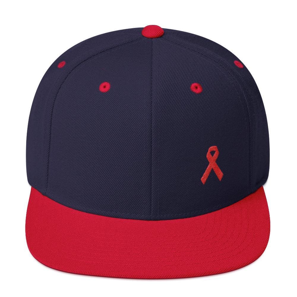 
            
                Load image into Gallery viewer, HIV/AIDS or Blood Cancer Awareness Red Ribbon Flat Brim Snapback Hat - One-size / Navy/ Red - Hats
            
        