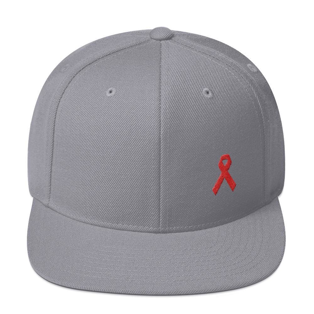 
            
                Load image into Gallery viewer, HIV/AIDS or Blood Cancer Awareness Red Ribbon Flat Brim Snapback Hat - One-size / Silver - Hats
            
        