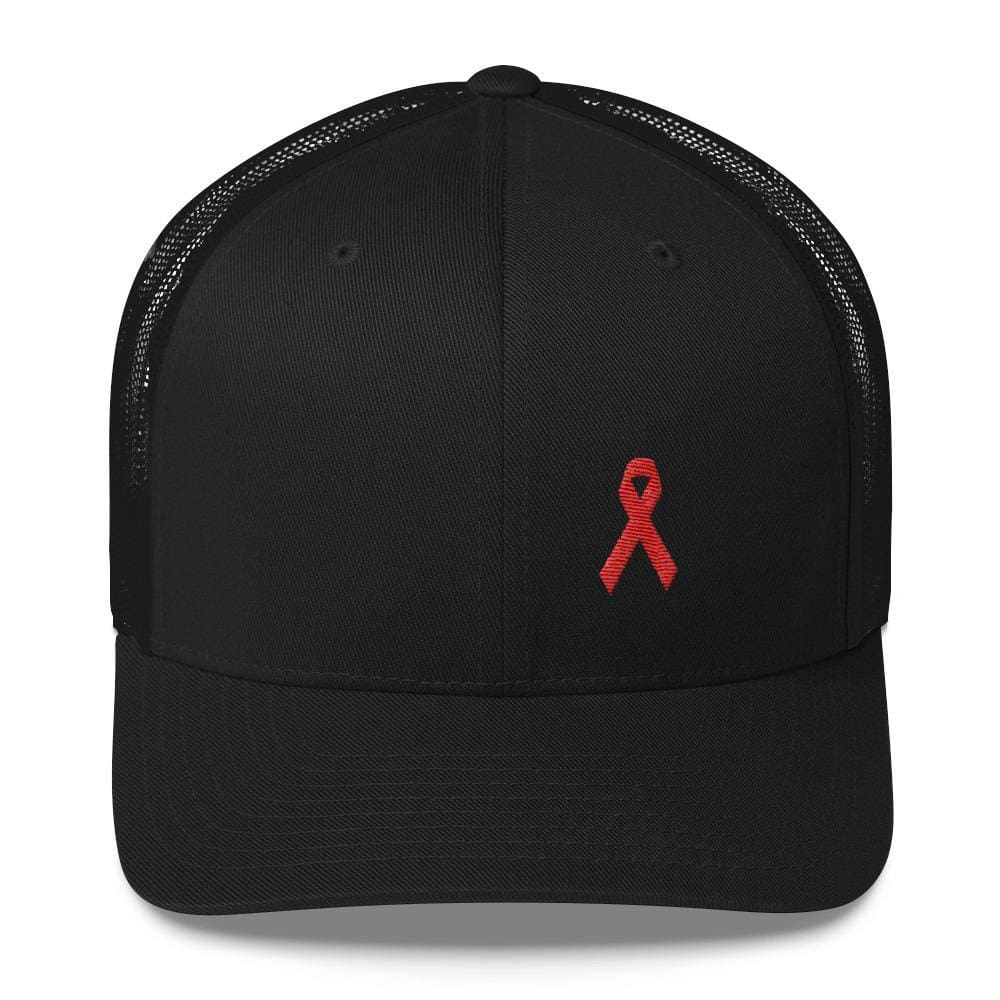 HIV/AIDS or Blood Cancer Awareness Red Ribbon Snapback Trucker Hat - One-size / Black - Hats