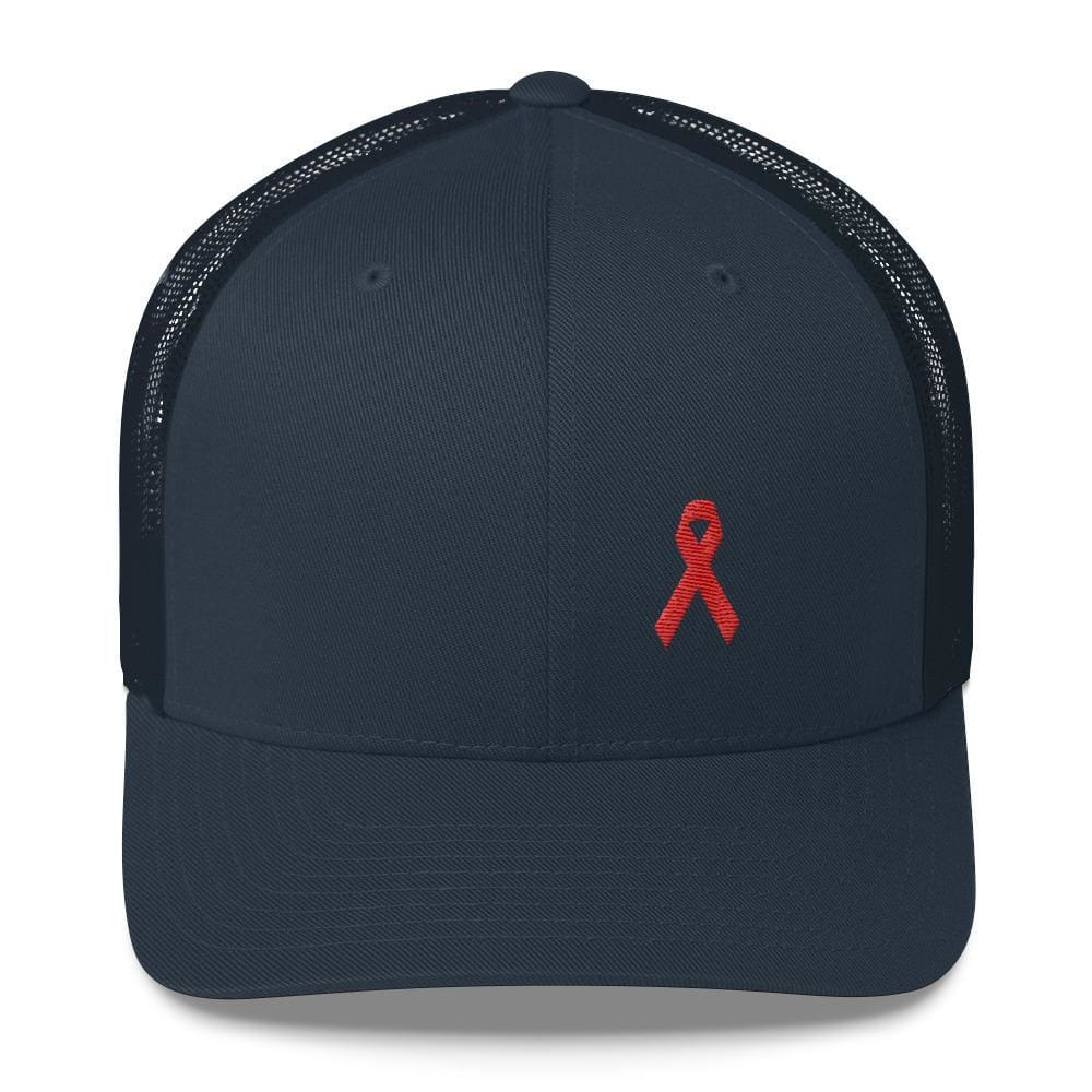 HIV/AIDS or Blood Cancer Awareness Red Ribbon Snapback Trucker Hat - One-size / Navy - Hats