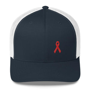HIV/AIDS or Blood Cancer Awareness Red Ribbon Snapback Trucker Hat - One-size / Navy/ White - Hats
