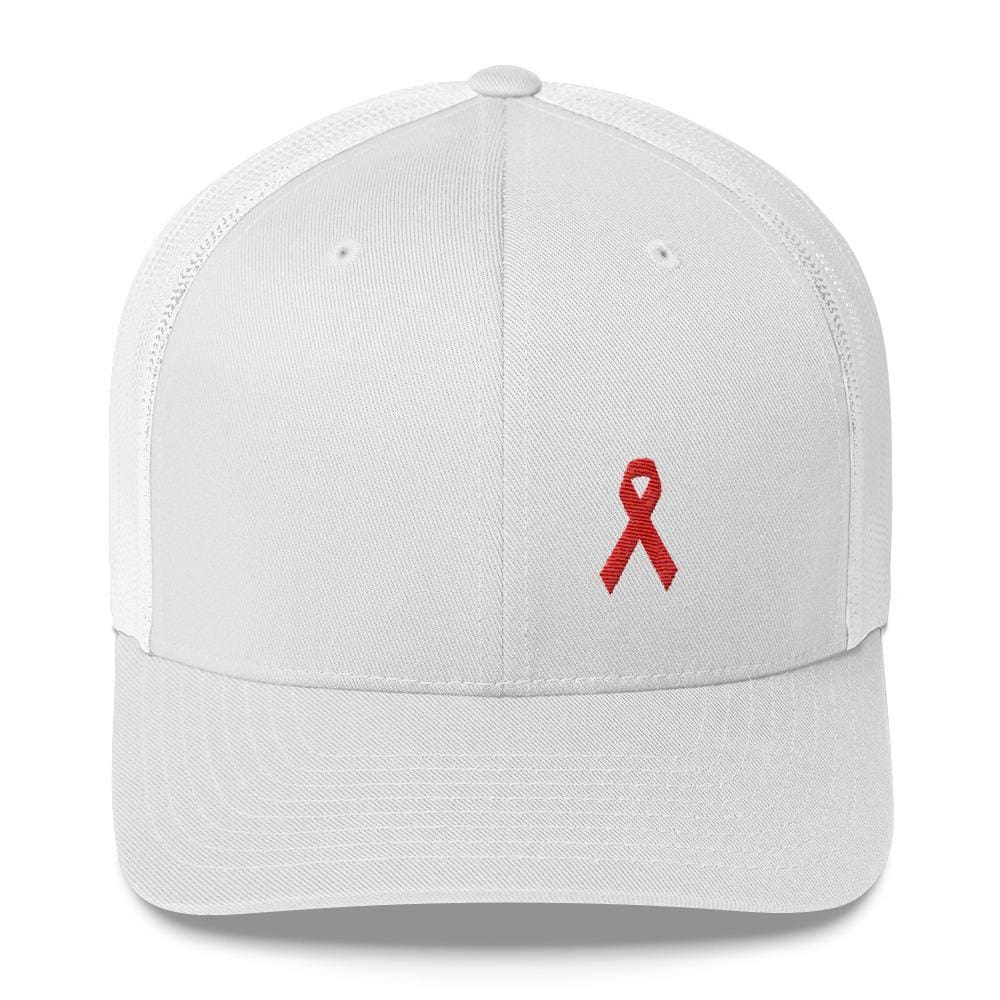 HIV/AIDS or Blood Cancer Awareness Red Ribbon Snapback Trucker Hat - One-size / White - Hats