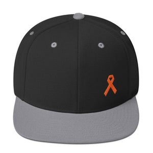 
            
                Load image into Gallery viewer, Leukemia Awareness Flat Brim Snapback Hat with Orange Ribbon - One-size / Black/ Silver - Hats
            
        