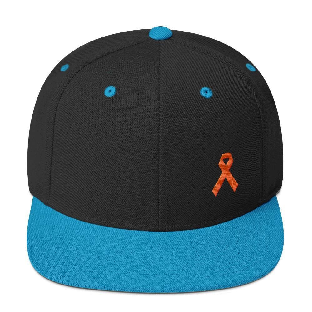 Leukemia Awareness Flat Brim Snapback Hat with Orange Ribbon - One-size / Black/ Teal - Hats