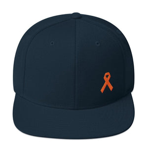 Leukemia Awareness Flat Brim Snapback Hat with Orange Ribbon - One-size / Dark Navy - Hats
