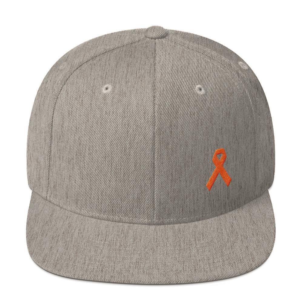 
            
                Load image into Gallery viewer, Leukemia Awareness Flat Brim Snapback Hat with Orange Ribbon - One-size / Heather Grey - Hats
            
        