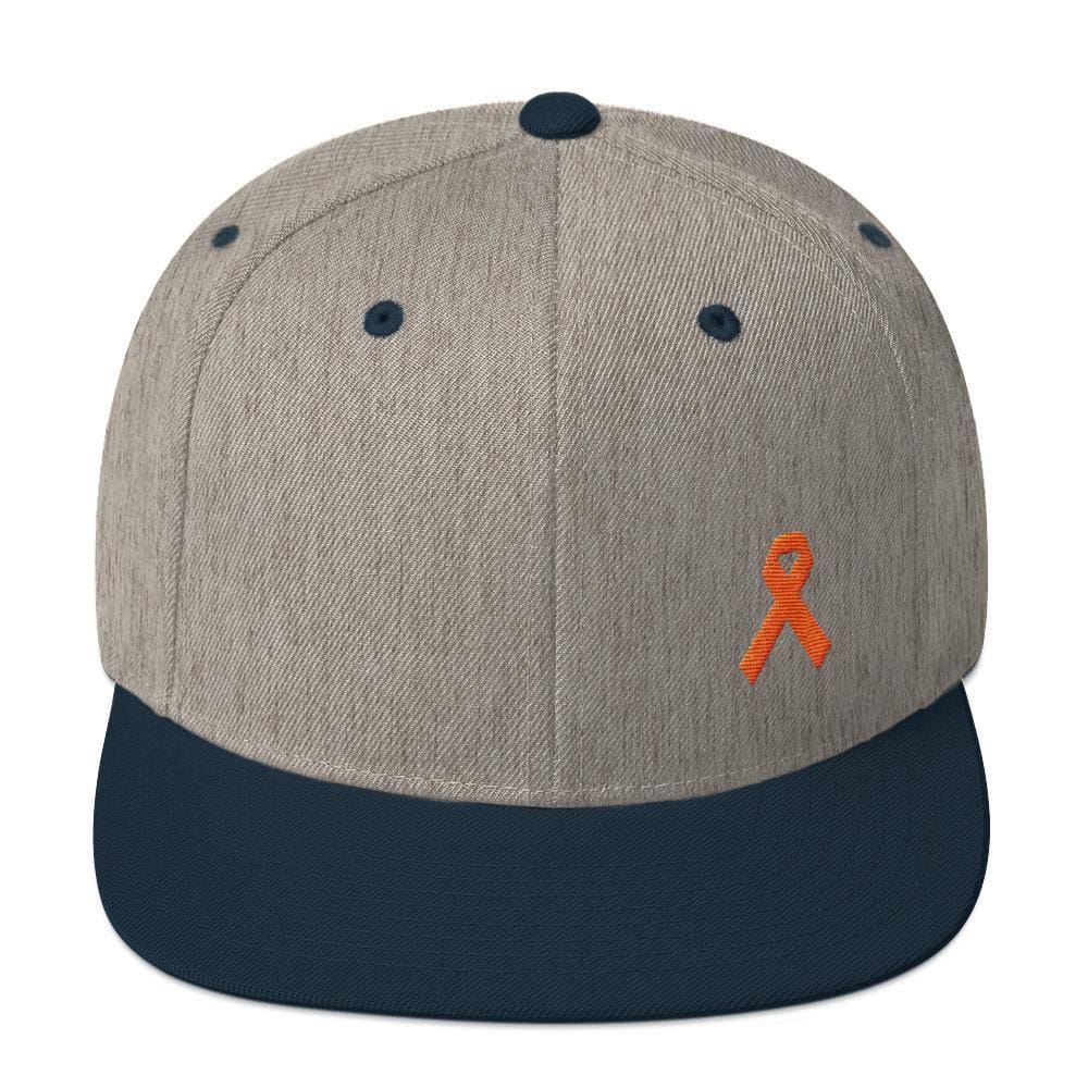Leukemia Awareness Flat Brim Snapback Hat with Orange Ribbon - One-size / Heather Grey/ Navy - Hats