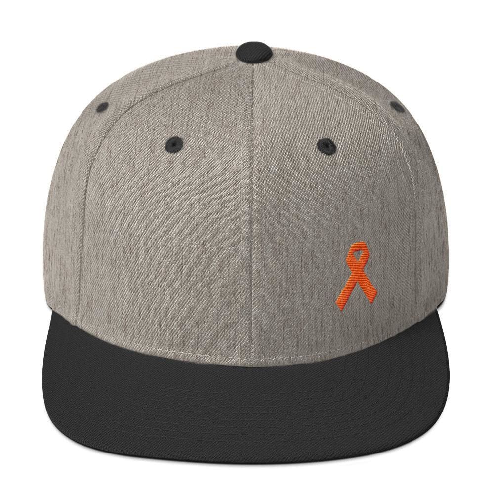 
            
                Load image into Gallery viewer, Leukemia Awareness Flat Brim Snapback Hat with Orange Ribbon - One-size / Heather/Black - Hats
            
        