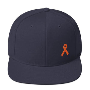 
            
                Load image into Gallery viewer, Leukemia Awareness Flat Brim Snapback Hat with Orange Ribbon - One-size / Navy - Hats
            
        