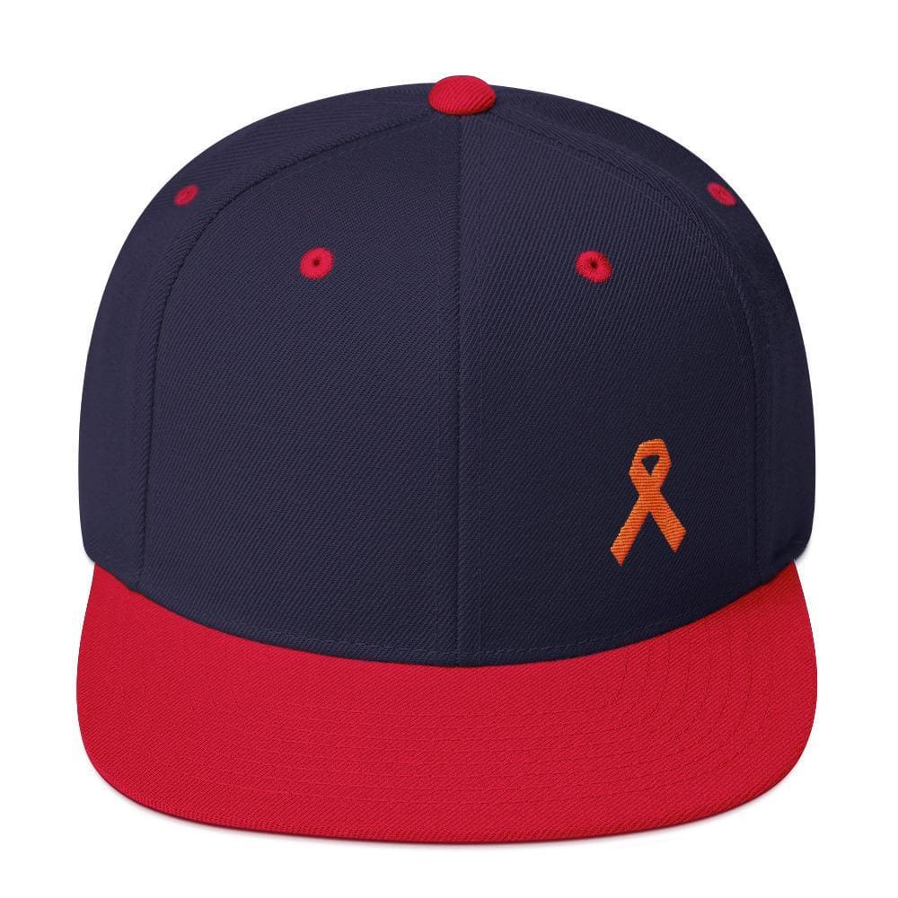 Leukemia Awareness Flat Brim Snapback Hat with Orange Ribbon - One-size / Navy/ Red - Hats