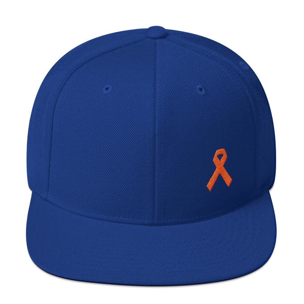 
            
                Load image into Gallery viewer, Leukemia Awareness Flat Brim Snapback Hat with Orange Ribbon - One-size / Royal Blue - Hats
            
        
