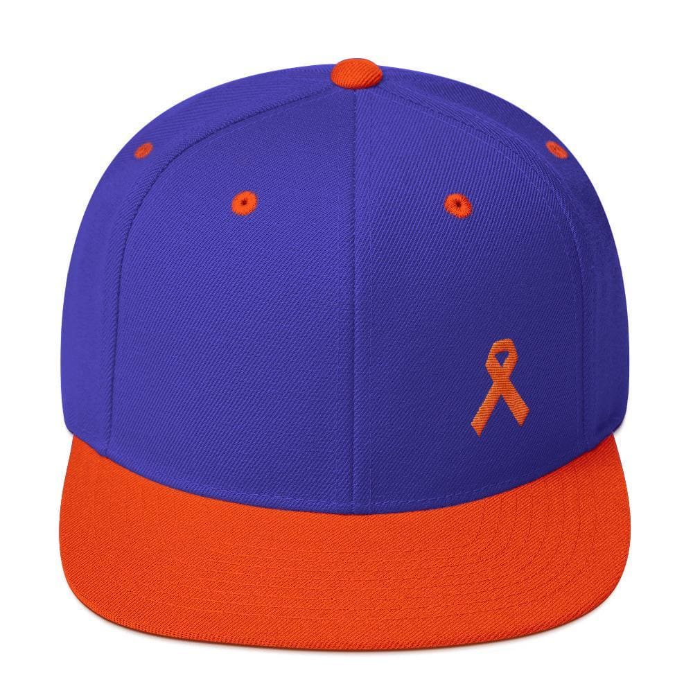 
            
                Load image into Gallery viewer, Leukemia Awareness Flat Brim Snapback Hat with Orange Ribbon - One-size / Royal/ Orange - Hats
            
        