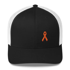 Leukemia Awareness Snapback Trucker Hat with Orange Ribbon - One-size / Black/ White - Hats
