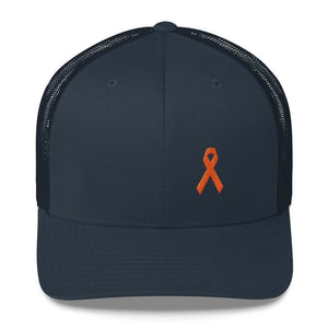 
            
                Load image into Gallery viewer, Leukemia Awareness Snapback Trucker Hat with Orange Ribbon - One-size / Navy - Hats
            
        