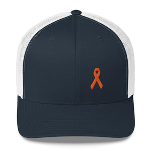 
            
                Load image into Gallery viewer, Leukemia Awareness Snapback Trucker Hat with Orange Ribbon - One-size / Navy/ White - Hats
            
        