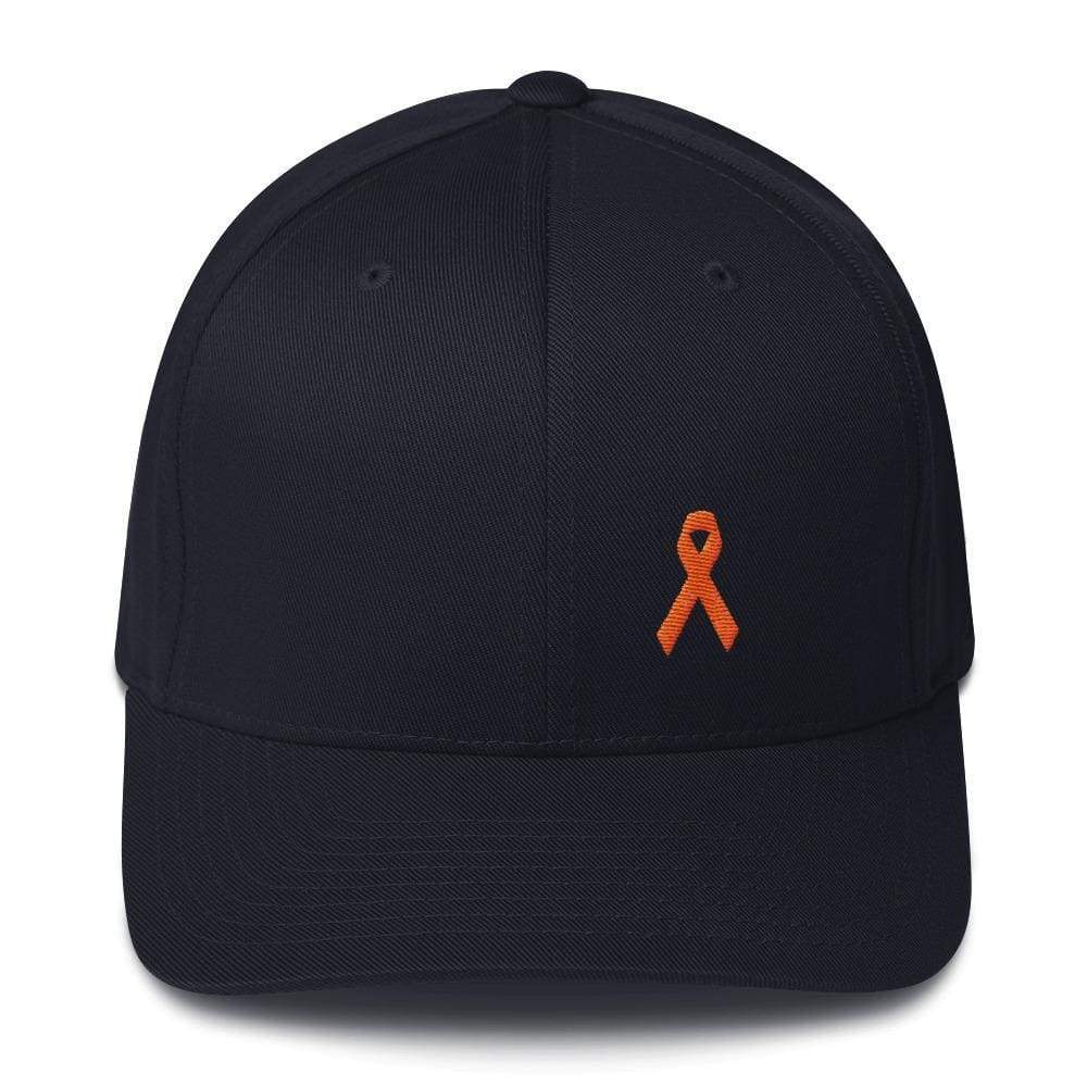 Leukemia Awareness Twill Flexfit Fitted Hat With Orange Ribbon - S/m / Dark Navy - Hats