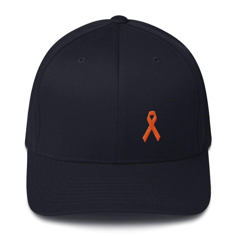 
            
                Load image into Gallery viewer, Leukemia Awareness Twill Flexfit Fitted Hat With Orange Ribbon - S/m / Dark Navy - Hats
            
        