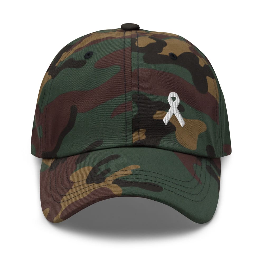 Lung Cancer Awareness White Ribbon Dad Hat - Green Camo