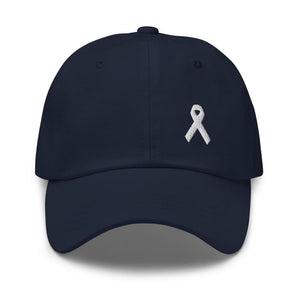 
            
                Load image into Gallery viewer, Lung Cancer Awareness White Ribbon Dad Hat - Navy
            
        