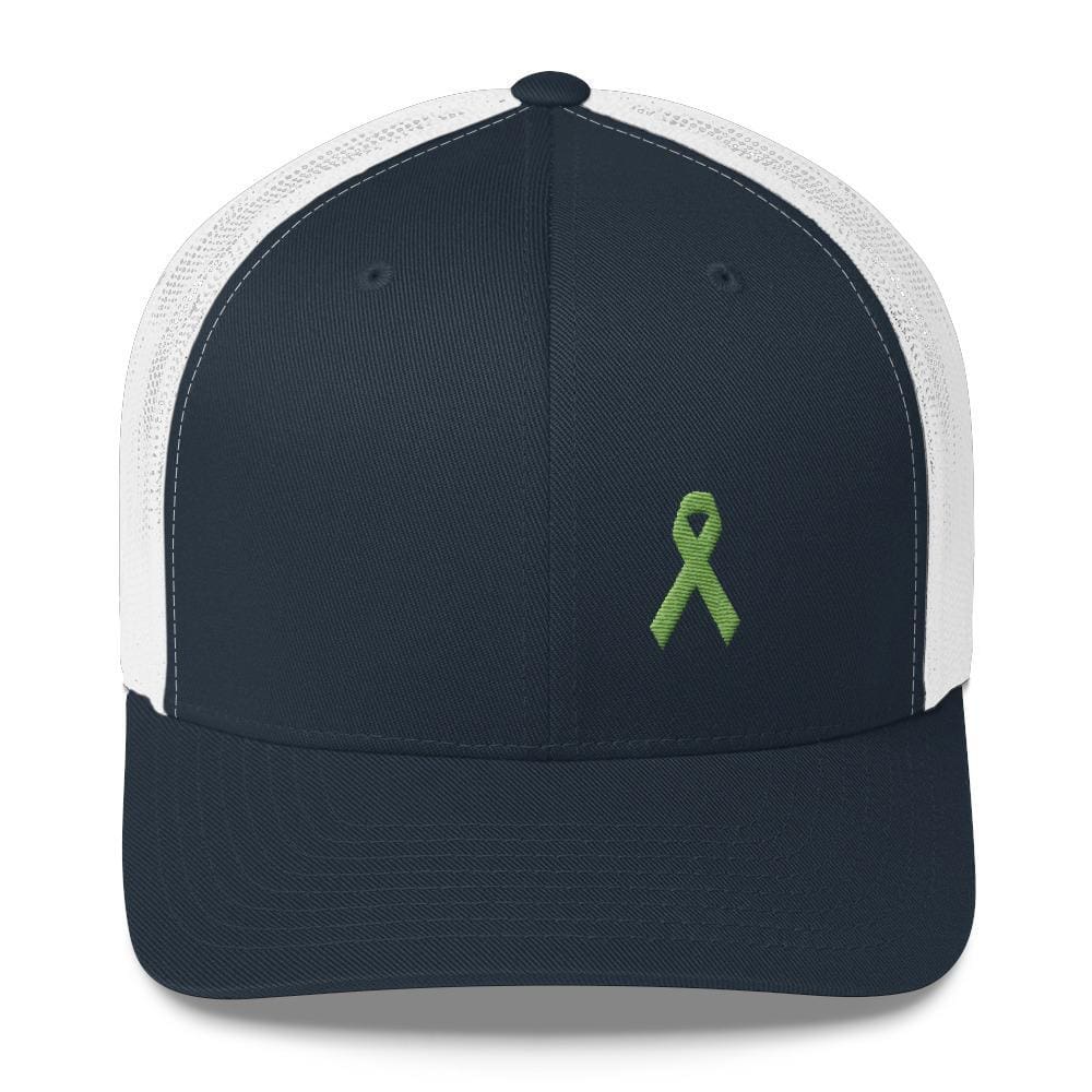 Lymphoma Awareness Snapback Trucker Hat with Green Ribbon - One-size / Navy/White - Hats