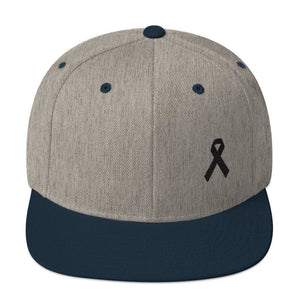 
            
                Load image into Gallery viewer, Melanoma and Skin Cancer Awareness Flat Brim Snapback Hat with Black Ribbon - One-size / Heather Grey/ Navy - Hats
            
        
