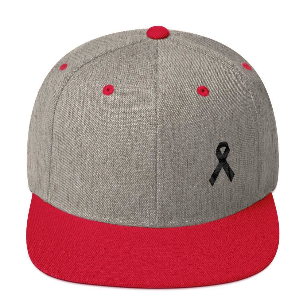 Melanoma and Skin Cancer Awareness Flat Brim Snapback Hat with Black Ribbon - One-size / Heather Grey/ Red - Hats