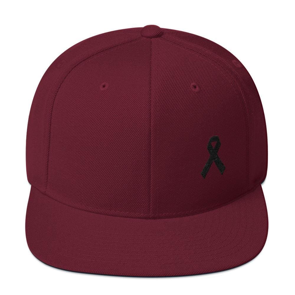Melanoma and Skin Cancer Awareness Flat Brim Snapback Hat with Black Ribbon - One-size / Maroon - Hats