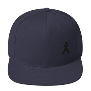 
            
                Load image into Gallery viewer, Melanoma and Skin Cancer Awareness Flat Brim Snapback Hat with Black Ribbon - One-size / Navy - Hats
            
        
