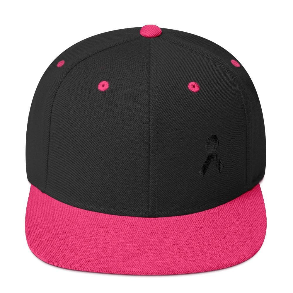 Melanoma and Skin Cancer Awareness Flat Brim Snapback Hat with Black Ribbon - One-size / Black/ Neon Pink - Hats